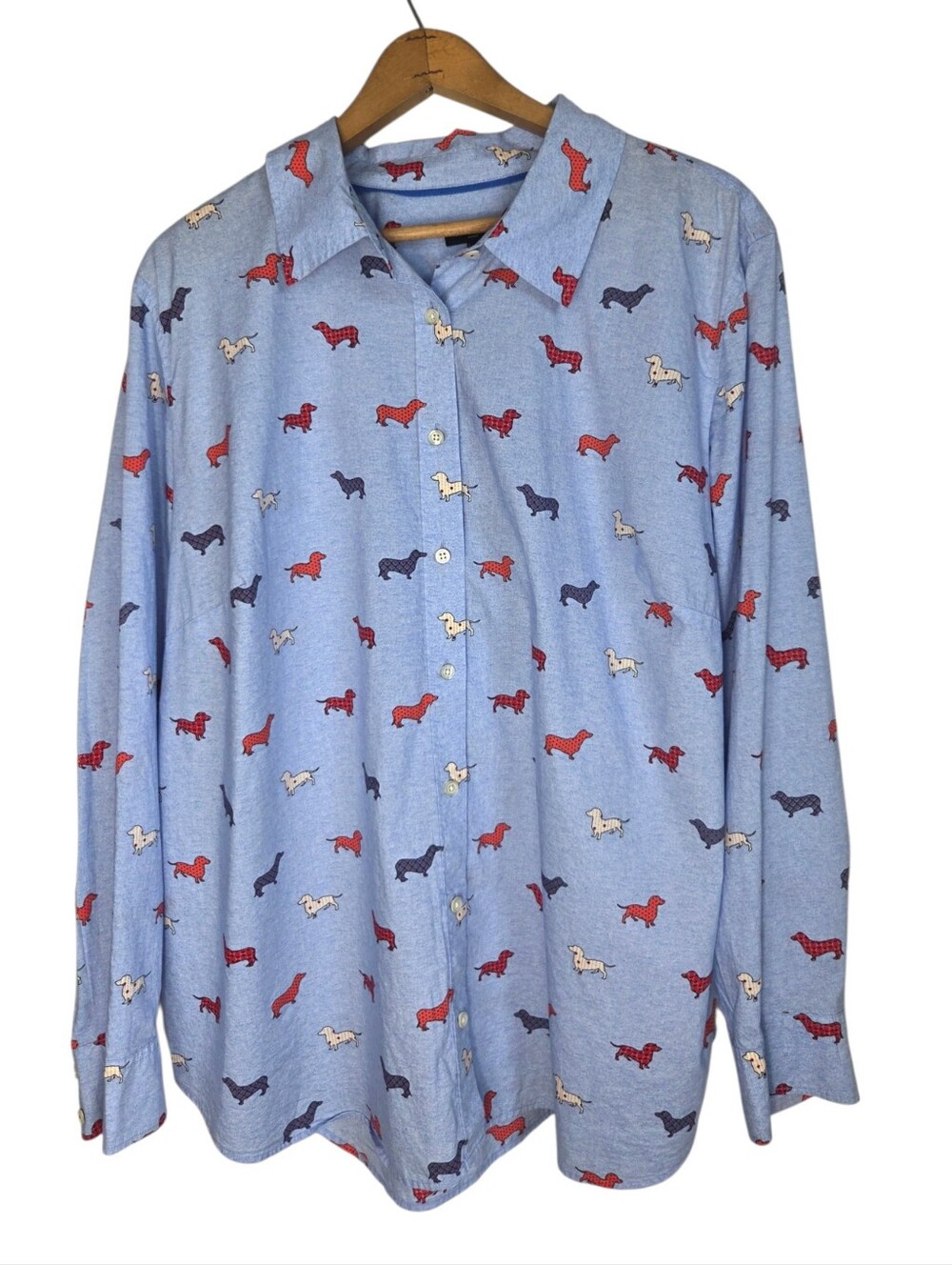 Talbots Dachshund Dog Print Long Sleeve Button-Up Classic Cotton Shirt, Size 2X
